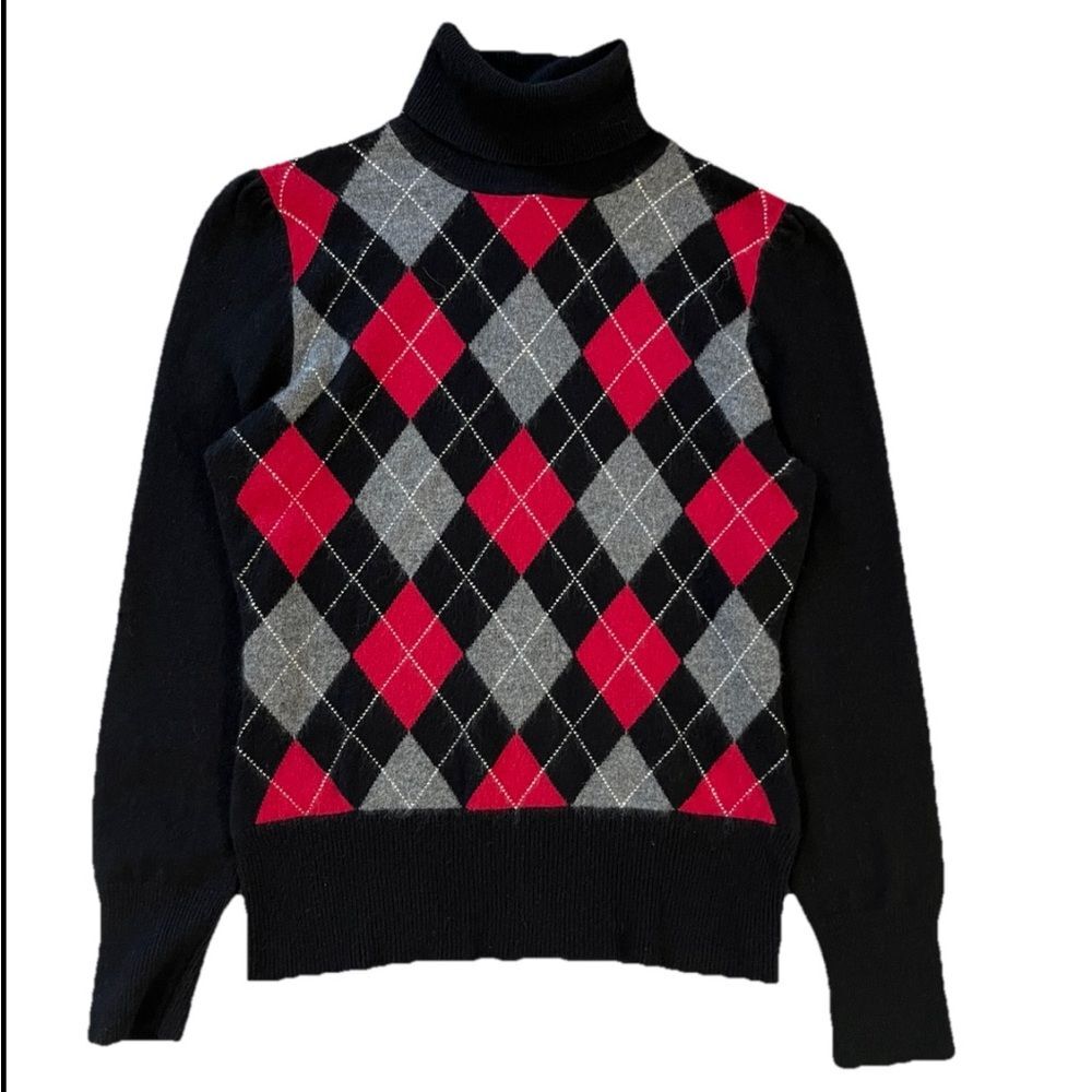Apt 9 100% Cashmere Turtleneck Sweater Black Red Argyle Womens Large